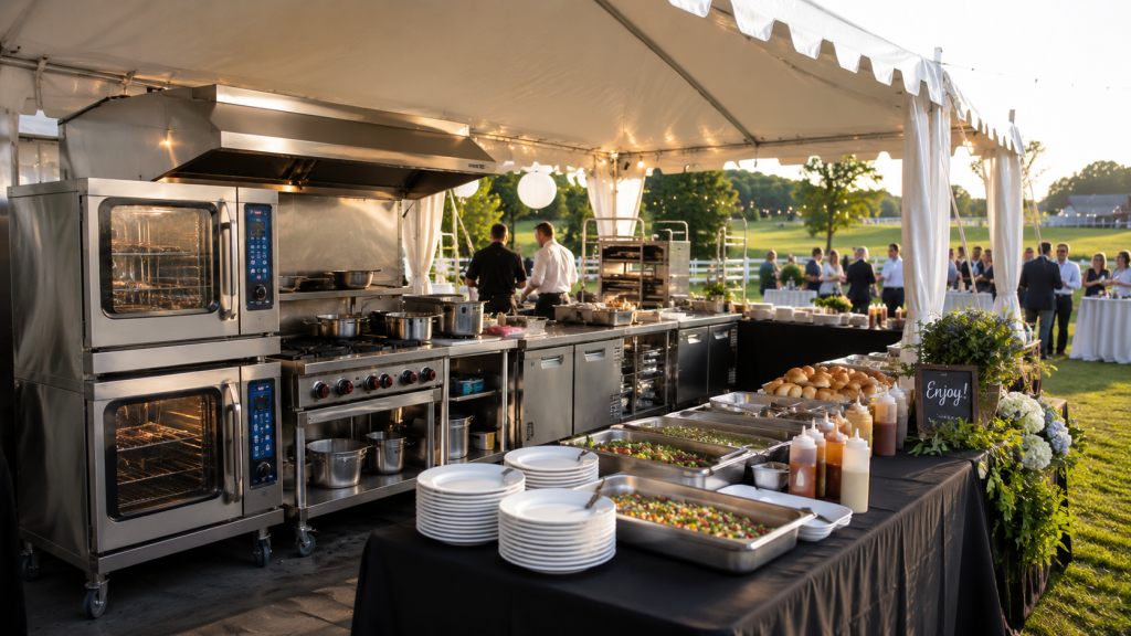 Catering setup with commercial cooking equipment including ovens and prep stations at an outdoor Kentucky event