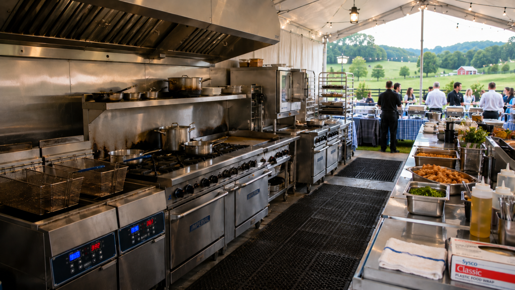 Commercial cooking equipment including fryers and ranges in a Kentucky catering kitchen