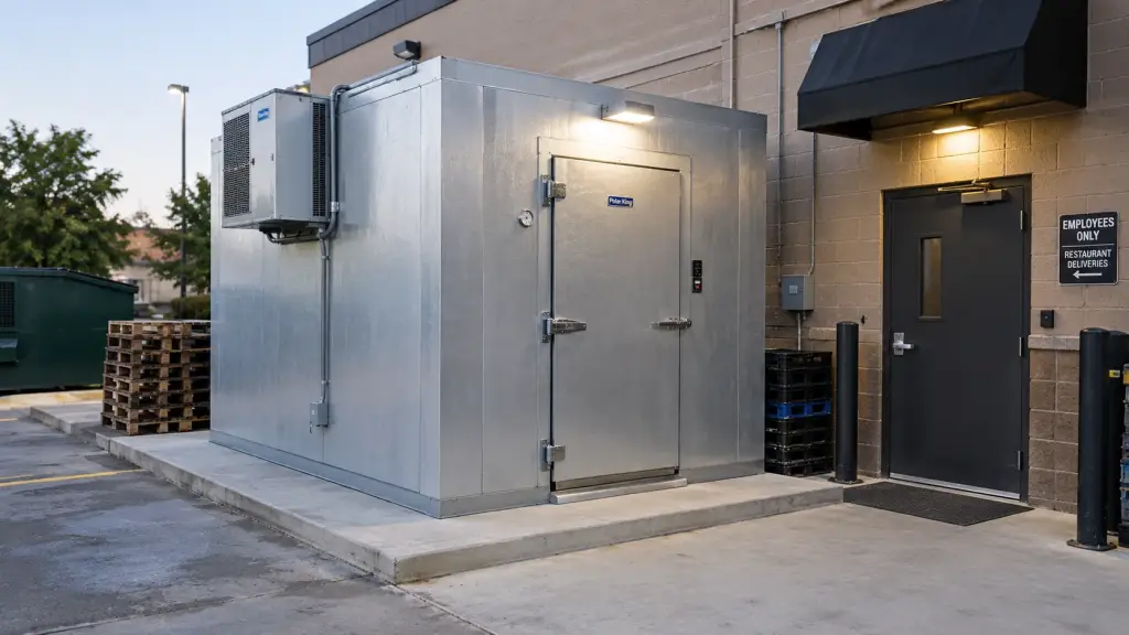 Outdoor walk-in cooler installed on a level pad beside the rear entrance of a restaurant building