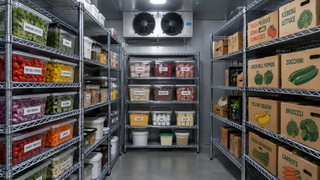 Inside of a commercial walk-in cooler with wire shelving holding labeled food storage containers and boxed produce - walk-in coolers